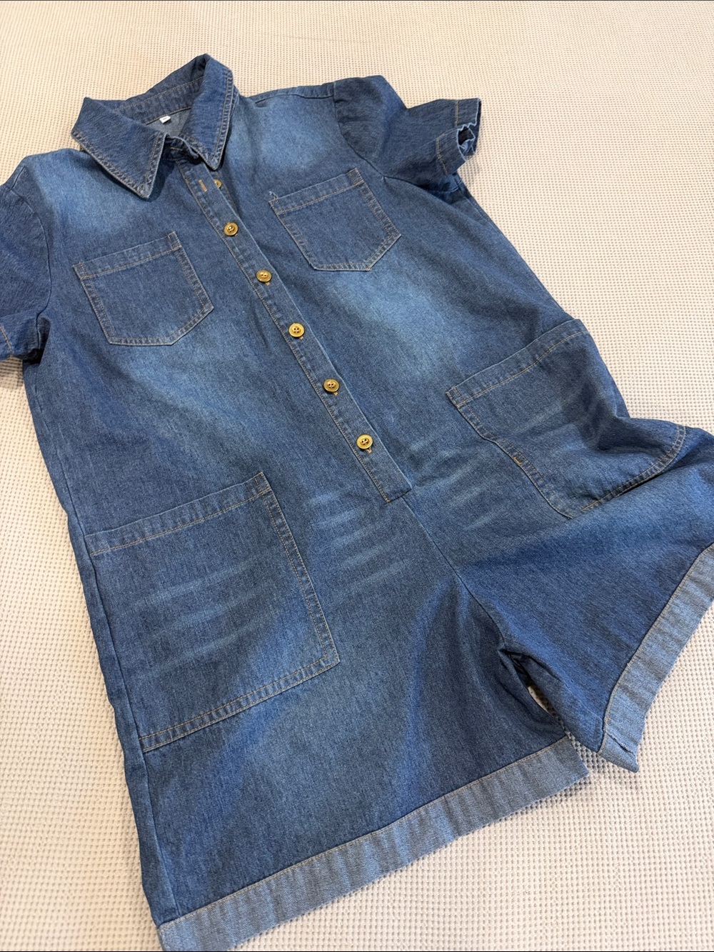 Denim Short-Sleeve Romper for Kids - Blue